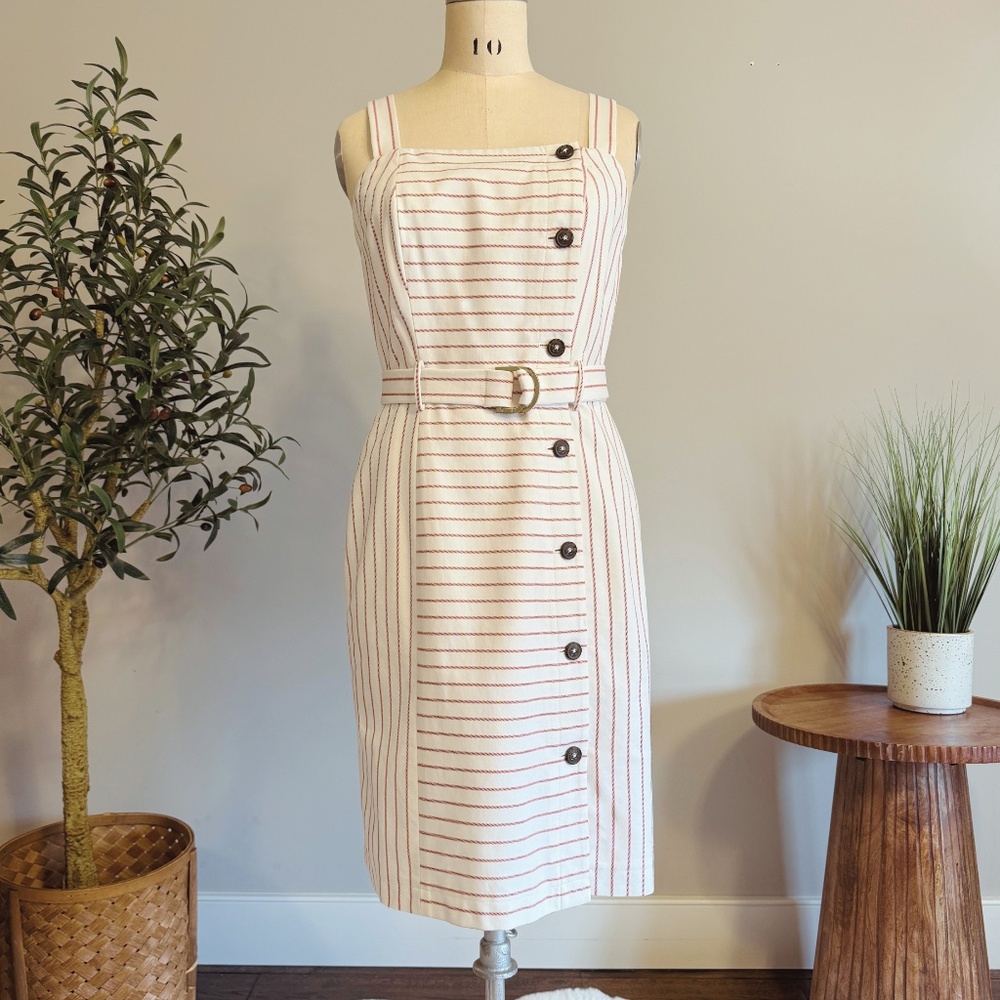 Tommy Hilfiger Dress‎ Womens 4 Belted Cream Red Pinstripe Sheath Nautical Preppy